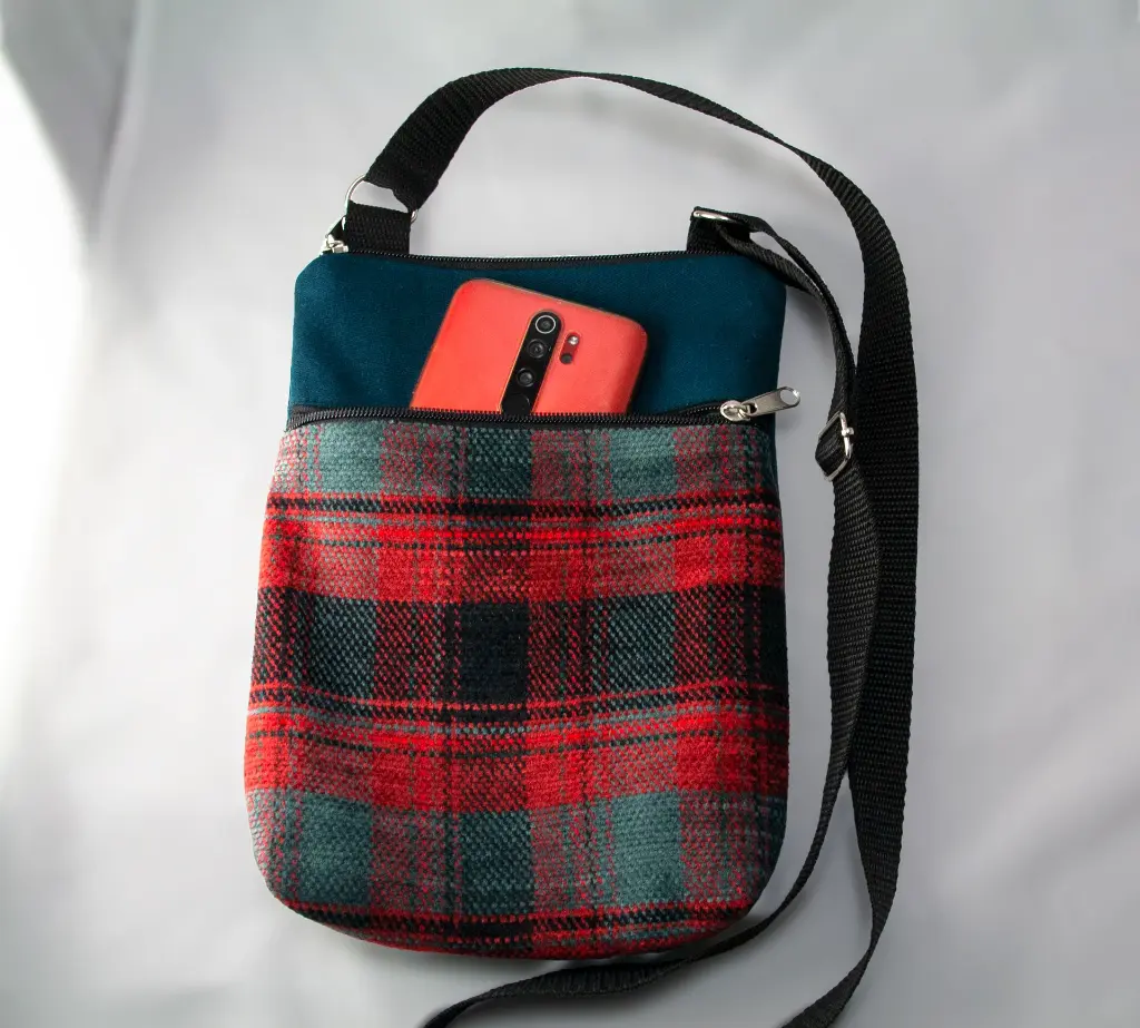 Front Crossbody Purse Plaid Dark Green S with Phone.webp